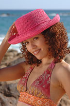 liz gonzalez models a scala hat for cabo hats in cabo san lucas, los cabos, mexico